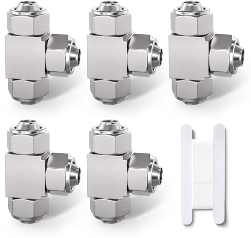 Bwintech 5 Stück 8mm 3-Wege-T-Stück mit Steckverbindung und Überwurfmutter, 3-Wege-Adapter aus vernickeltem Messing für Druckluftleitungen KPE8