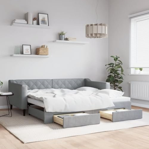 LAPOOH Tagesbett Ausziehbar mit Schubladen Hellgrau 90x190 cm Stoff, Schlafsofa, Daybed, Bettsofa, Sofa Bed, Sofabett, Schlafcouch, Jugendbett, Bettgestell, Bettcouch - 3197472