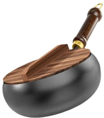 F Fityle 9.45 '' Ferro Wok a Fondo Piatto Pentole a Gas Fornello a Induzione Padella Wok Stir Fry Pan per la Cucina del Ristorante di Casa da Campeggio, Coperchio di Legno