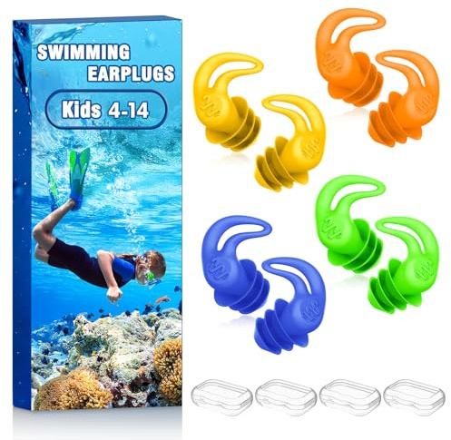Swimming Ear Plugs for Kids - 4 Pairs Reusable Silicone Swim Earplugs,Waterproof Ear Protection for Children's Swimming,Surfing, Bathing & Water Sports.(4-14 Years Old)