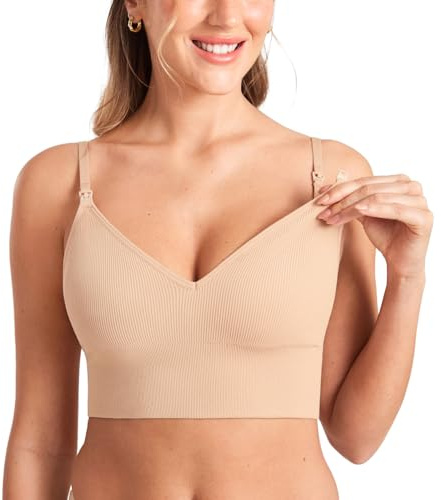 MOMANDA Ribbade långa amnings-BH:ar Beige S