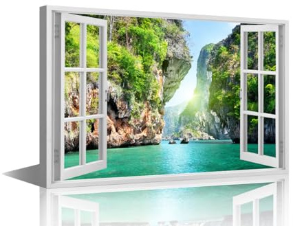 TISHIRON Kunstdruck auf Leinwand, Landschaftsblick aus einem Fenster, für Schlafzimmer, See, Wanddekoration, Berg, moderne Bilder für Wohnzimmer, Kunstwerk, Gemälde, Giclée, gerahmt, fertig zum
