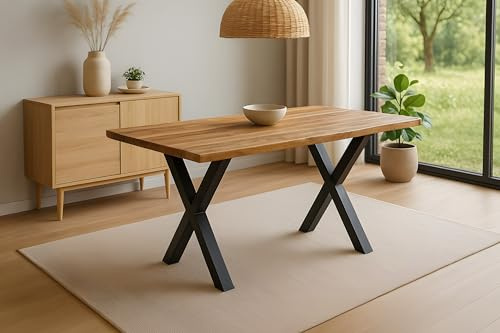 SAM Esstisch Mirabelle 140x80 cm Mangoholz Baumkante X-Gestell schwarz | Baumkantentisch massiv, Rough, Metallgestell, pflegeleichter Massivholztisch/Küchentisch/Esszimmertisch