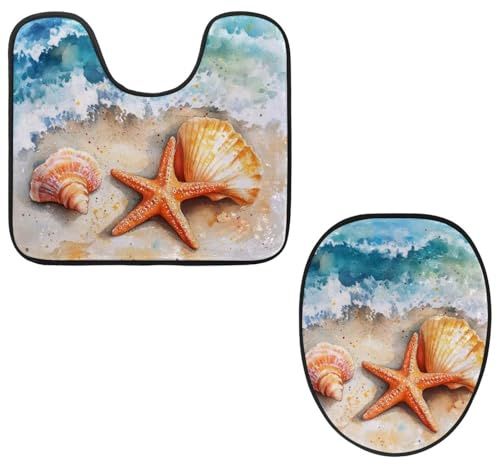 VAPOKF Lot de 2 tapis contour WC en forme de U et housse pour abattant de WC, en flanelle, doux et antidérapant, motif étoile de mer