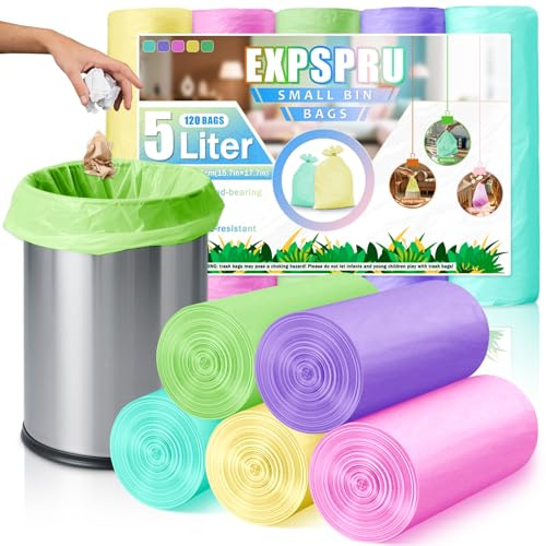 Expspru Small Bin Bags 5L Pedal Bin Liners Colorful 1.2 Gallon Trash Bags for Bathroom,Office, Kitchen,120 Counts