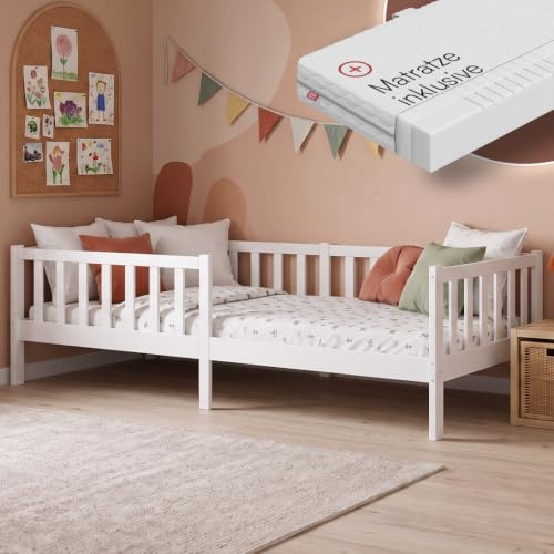 Bellabino Vere Kinderbett 90x200 cm, Massivholz Kiefer, mit Matratze, Weiß | Montessori Kinderbett mit Rausfallschutz & Lattenrost, Massivholzbett für Jungen & Mädchen aus Holz Kiefer, Kleinkindbett