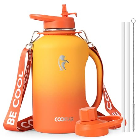 Coolflask Half Gallon Water Bottle with Straw, 1.2L Insulated Stainless Steel Water Jug with Handle Metal Double-Walled Vacuum Large Flask with Strap Leakproof, Keep Cold 48H Hot 24H, Yellow/Orange
