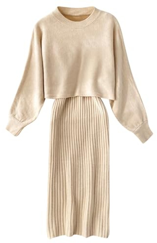 Set di gonne da donna in maglia a due pezzi con top e vestito aderente 2 pezzi set maglione midi abito lavorato a maglia, Beige, Taglia unica