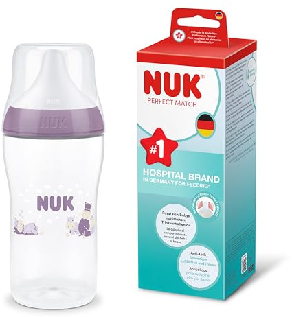 NUK Perfect Match Babyflaska | 0+ månader | 260 ml | Anti-kolikmatningsflaska | PP | Temperaturindikator | Flodhäst | 1 styck