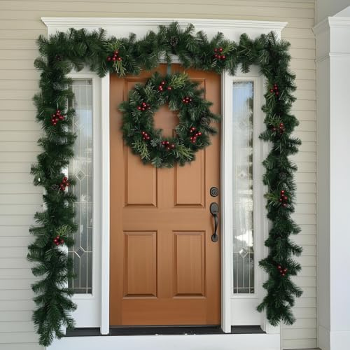 Weihnachtsgirlande 2.7M, künstliche Tannengirlande mit Zapfen und Beeren | 220 Biegsame Zweige, Tannenzapfen und Rote Beeren, Dekoration für Kamin, Treppe, Fenster, Türrahmen, Garten und Terrasse