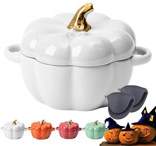 Olla holandesa de calabaza con tapa, hornos holandeses de hierro fundido de calabaza de 0.41 cuartos de galón para hornear pan, mini cocottes de hierro fundido esmaltado con asas (blanco-0.45 ml)