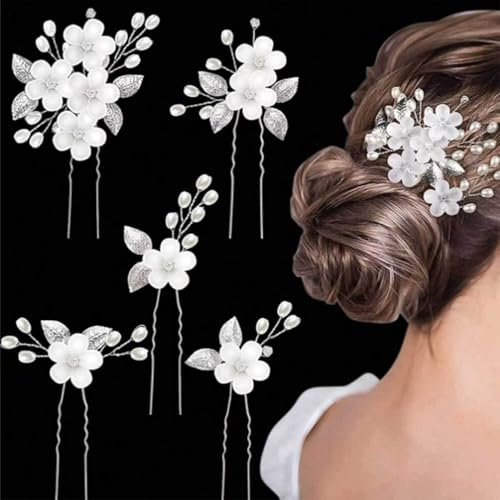 KIRZAX 5 Pièces Épingle à Cheveux de Marriage,Accessoires de Cheveux en Cristal de Fleur pour Marriage Anniversaire Fête,Cheveux en Forme de U Argent pour Femmes Fille