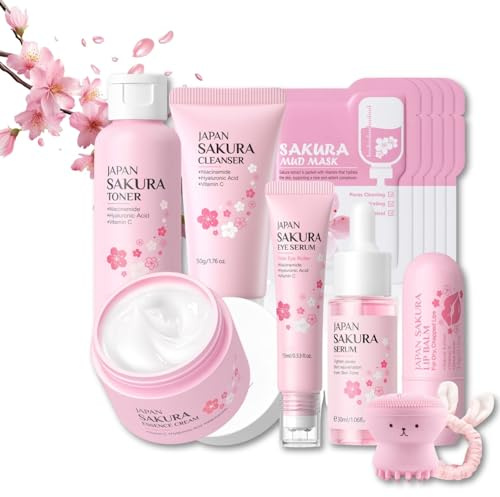 Sakura Gesichtspflege Set 13pcs Korean Skincare mit Hyaluron & Niacinamide - Tonmaske,Serum,Gesichtscreme,Cleanser,Toner,Augenserum,Lippenbalsam Geschenke zum Muttertag für Gesicht Reinigung & Pflege