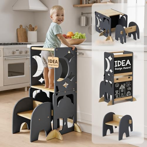 COSYLAND Tour d’Observation Enfant,Tour d’Observation Montessori 3 en 1, Tour d’Apprentissage Enfant Pliable avec Tableau, Tour Observation bébé pour Cuisine, Table et Salle de Bain – Gris & Naturel