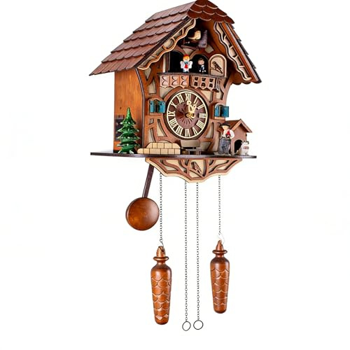 FTHOYOU Traditional Black Forest Wooden Cuckoo Clock with Dancing Figures, Handcrafted Wall Clock with Moving Dancers for Dining Room