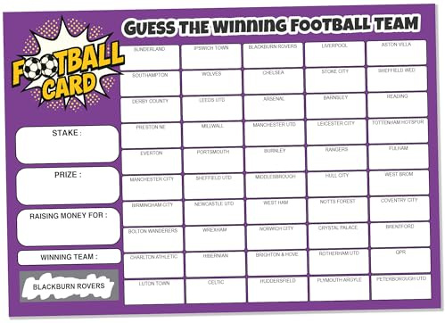 Fundraiser Hero Pack of 10 Football Team Scratch Cards - Large A5 Size - 50 Names - 330gsm Card