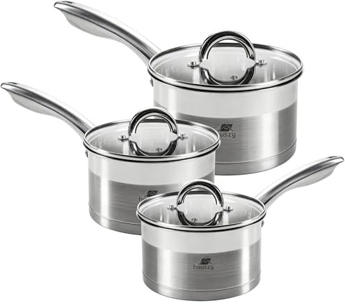Non-Stick Set of 3 Stainless Steel Saucepan Set, 16cm 18cm 20cm, with Tempered Glass Lids & Steam Vents, Induction Hob & All Hobs Compatible, Dishwasher Safe, Even‑Heat Multi‑Layer Base by Houszy