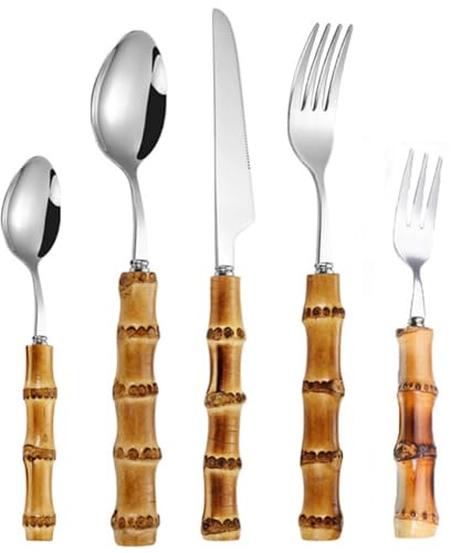 VINTORKY Set Complet de Couverts Inox avec Manche Bambou Ergonomique Service de Table Résistant Chaleur Kit de Couverts Western pour Restaurant et Repas Quotidiens