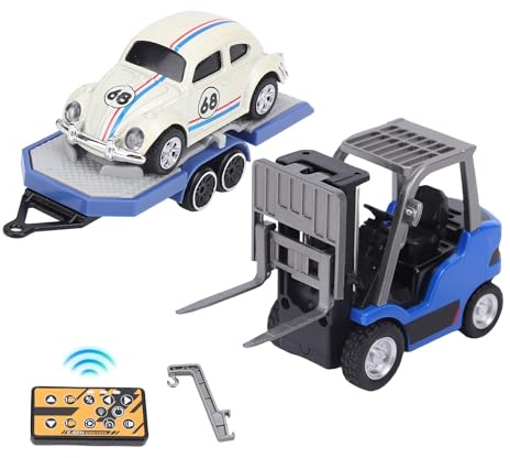 Bewinner Carrello Elevatore Telecomandato in Lega in Scala 1/64 con Rimorchio, Giocattolo da Costruzione RC 2.4G con Funzione di Sollevamento, Luci e Suoni, Include Pallet per Bambini (Blu Scuro)