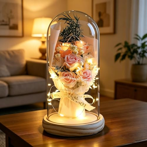 Artificial Eternal Roses in Glass Dome - 7 Silk Flowers with LED Lights