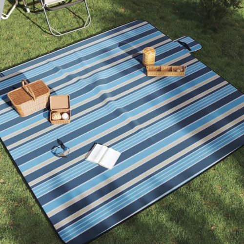 Nqyjm Picknickdecke Faltbar Blau und Weiß Gestreift 200x200 cm Samt für Picknick, Outdoor, Camping, Beach, Park