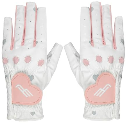 QUILSTM Guanti da golf flessibili senza dita per donna, regolabili, con adesivo a forma di cuore, realizzati in pelle PU, guanti per mano sinistra e destra, Rosa, Digitare 19