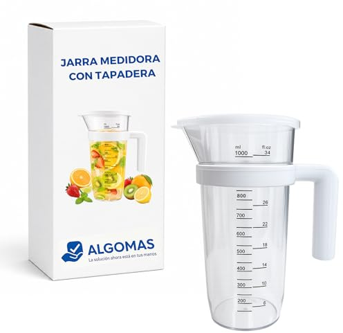 ALGOMAS® Jarra Medidora Batidora con tapa 1L | Vaso Medidor Transparente para Batidora de Mano, Repostería, Batidos y Salsas | Jarra Batidora Libre BPA con Asa Desmontable y Pico Vertedor