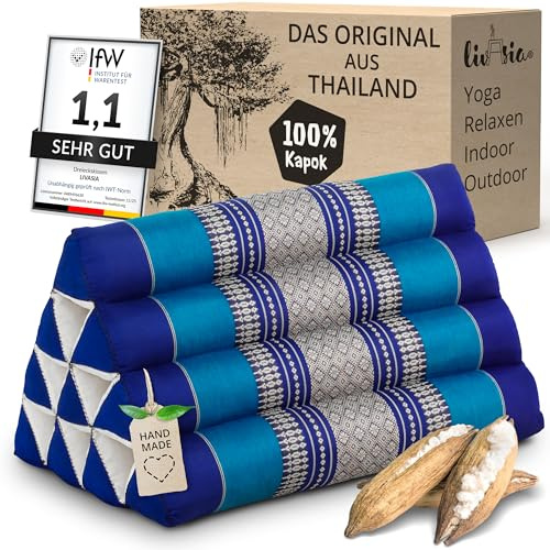 livasia Rückenstützkissen mit Muster - 30x50x30cm - Dreieckskissen für den Garten, Keilkissen mit Kapok, vegan und handgefertigt, Meditationskissen (Blau)