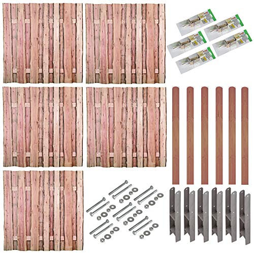 Lärchenzaun Sichtschutz Dresden Komplettset 9,5 m – 5 Holz-Zaunelemente 180x180 cm mit 6 Lärchen-Pfosten 9x9x190 cm & H-Pfostenträgern, naturbelassener Bohlenzaun