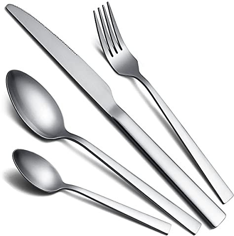 Matte Cutlery Set 16 Pieces, Kyraton Stainless Steel Brushed Polished Flatware Set, Silverware Sets with Knife Spoon Fork, Dishwasher Safe,Service for 4
