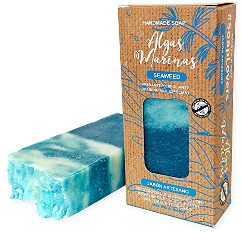 Sapone naturale di alghe marine - Sapone per mani, corpo e viso esfoliante e drenante, pastiglia solida ecologica e artigianale, prodotto in Spagna, vegano e senza olio di palma (100 g)
