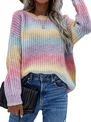 BeerMmay Regenbogen-Strickpullover für Damen, Y2K-Strickpullover, Farbblock, Rundhalsausschnitt, Langarm-Pullover, C-Regenbogen, M