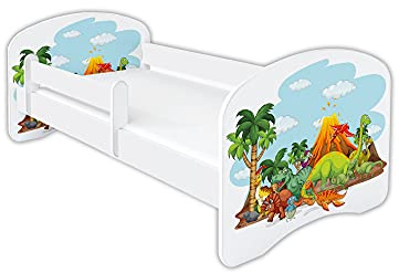 CLAMARO 'Schlummerland' Kinderbett 80x160 (bis 150kg belastbar) mit Dino Motiv, Rausfallschutz, Kantenschutz, Matratze und Lattenrost | Jugendbett Weiß | Dino Motiv: 04