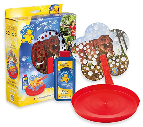 PUSTEFIX Bubble-Multi-Wing Dino rot I 250 ml Seifenblasenwasser I Made in Germany I Bunte Bubbles für Kindergeburtstag, Hochzeit & Sommerparty I Bär Seifenblasen Spielzeug für Kinder & Erwachsene