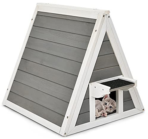 GOPLUS Maison Triangulaire pour Chat,Maison de Chat en Bois Massif,Cabine pour Chat, Abri pour Chat,Maison pour Animaux de Compagnie Ventilation, 50x55x52cm,Jusqu’à 20kg