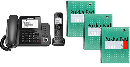 Panasonic KX-TGF320 Corded and Cordless Home office Telephone Kit with Answerphone and Nuisance Call Blocker - Black & Pukka Pads A4 Metallic Jotta Wirebound Notebook (Pack of 3), White