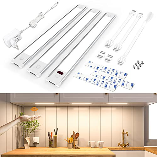 WOBSION LED Unterbauleuchte Küche Dimmbar mit Berührungsloser Sensor,Neutralweiß Unterbau Lichtleiste für Unterschrank Beleuchtung,4000k Ultra Dünn Lampe für Küchenschrank und Werkbank,30CM×3PCS,840LM