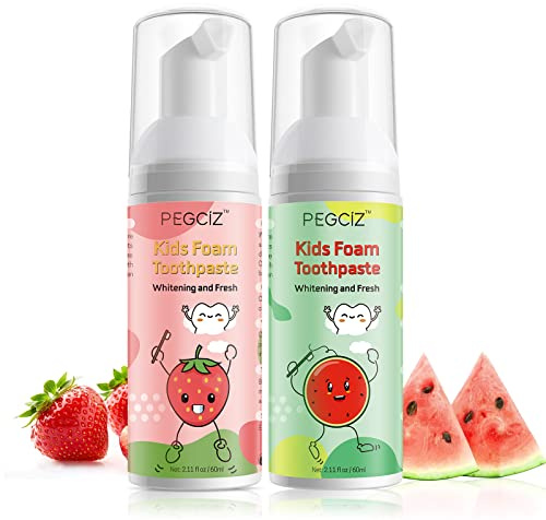 Whitening Foam Toothpaste Kids with Low Fluoride & Natural Formula to Reduce Plaque, Children Foaming Toothpaste for U Shaped & Electric Toothbrush (Strawberry&Watermelon)