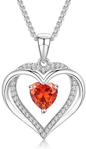 Praelinos Collana Donna Amore Cuore Birthstone Collana Ciondolo Placcato Oro Bianco Carati 5A Zirconia Cubica Regali per Mamma Moglie Lei Fidanzata Anniversario San Valentino Compleanno (Granato)