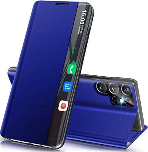 Handyhülle für Samsung Galaxy S23 Ultra Hülle Klappbar, Luxus Dünn Spiegel Flip Leder Hard PC Stoßfest Case Cover für Galaxy S23 Ultra 5G Hülle mit Ständer,Clear View für Samsung S23 Ultra 5G Etui