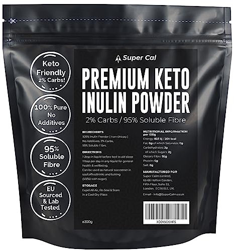 Super Cal Keto Inulin Powder 200g | 95% Fibre / 2% Carbs | Lab Tested Soluble Fibre Supplement | Great Sleep Supplement + Aids Gut Health | Pure Chicory Prebiotics Fiber - EU Sourced