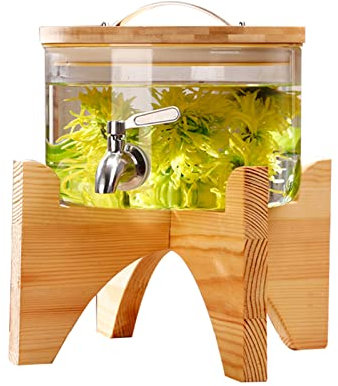 LTLWSH Dispensador de Bebidas de Cristal, Botella con Grifo Soporte y Tapa de Madera para Bebida Caliente o fría, Garrafa de Agua de 3 L,A