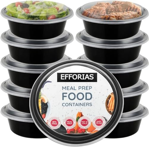 Efforias (10 Pack, 24oz) Round Plastic Meal Prep Containers - Reusable BPA Free Food Containers with Airtight Lids - Microwavable, Freezer and Dishwasher Safe