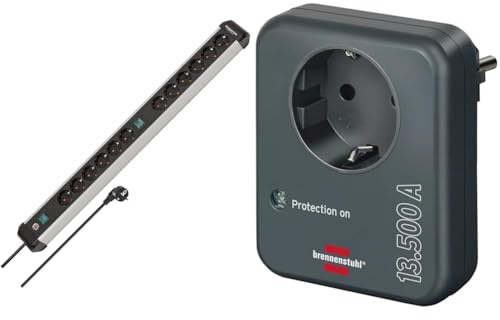 Brennenstuhl Premium-Alu-Line Steckdosenleiste 12-Fach/Steckerleiste aus hochwertigem Aluminium & Steckdosenadapter mit Überspannungsschutz 13.500 A