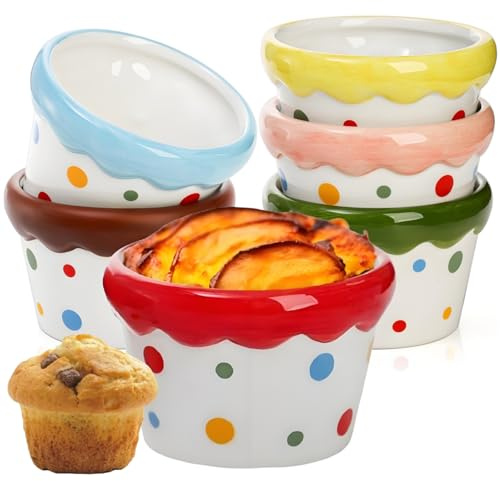 Tlence 6 Pack Ramekins Set, 9 OZ Pudding Custard Cups, Small Ceramic Brulee Souffle Dishes, Colorful Christmas Dipping Sauce Bowls for Ice Cream Fruits Baking, Oven Microwave Dishwasher Safe