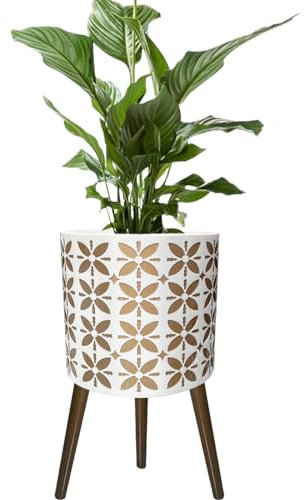 nacltlo Maceta de 10 pulgadas con soporte, maceta alta de mediados de siglo con patas para plantas de interior, moderna maceta grande Monstera con agujeros de drenaje para exteriores, blanco/dorado