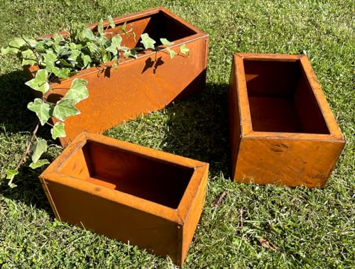 LB H&F 3er Set Blumenkasten Balkonkasten Rost Edelrost - 3 Größen - Pflanzkasten Massiv Metall Rostdeko Gartendeko Pflanzgefäß (3er Set Rost)