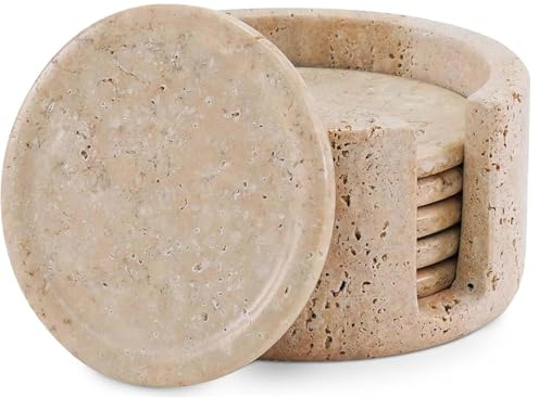 SPESHSTONES Set mit 6 runden Untersetzern 8,9 cm, aus Marmor und Travertin inklusive Halterung, ideal für Cafés, Bars, als Geschenk, für Esstische und als Dekoration für Zuhause