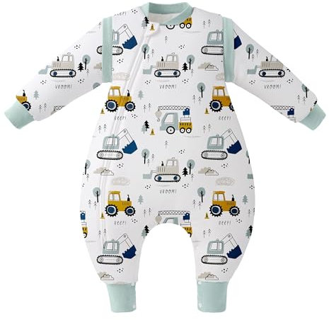 Unnivoll Schlafsack Baby Winter mit Füßen 2,5 Tog Baby Schlafsack mit Abnehmbare Ärmel Baumwolle Babyschlafsack Winterschlafsack Baby Warm und Weich 80 cm für Jungen Mädchen Grüner Bagger