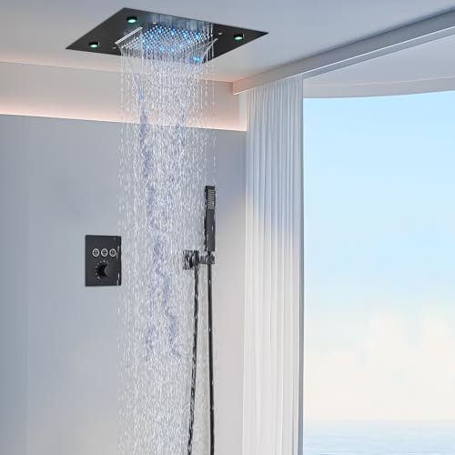 TVTIUO Sistema Doccia Completo Nero Opaco, Doccia a Pioggia 49 x 35 cm, Sistema Doccia Termostatico, Soffione Quadrato con Doccetta, Controllo Remoto